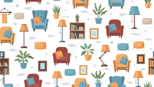 Seamless pattern of various armchairs, floor lamps, potted plants, and bookshelves in a cozy interior design style
