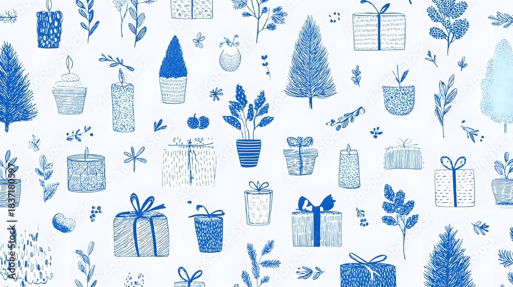 Fototapeta premium Seamless pattern of blue sketchy illust ns depicting Christmas trees festive candles gift boxes with ribbons and potted plants set against a clean white backdrop