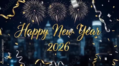 Happy new year 2026 holiday celebration card design illustration with winter snow, vector text, star, and night lights decoration