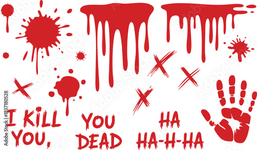 Bloody Splatter and Horror Handprint Graphic Elements Set. Red blood splatters, drips, handprints, and horror-themed scribbles. Grunge design elements with splashes, traces, drops. Vector graphic set