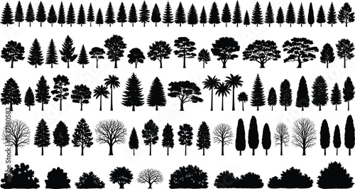 Silhouette tree and shrub collection with diverse shapes and foliage styles, perfect for landscape, botanical, or environmental vector illustration content