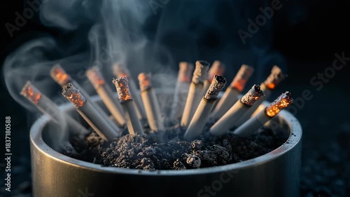 Cigarettes in an ashtray with smoke rising, highlighting the dangers of smoking and addiction, perfect for health awareness campaigns.