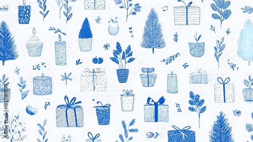 Seamless pattern of blue sketchy illust ns depicting Christmas trees festive candles gift boxes with ribbons and potted plants set against a clean white backdrop