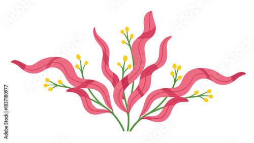 Stylized Pink Seaweed with Yellow Flowers on Black Background Decorative Element