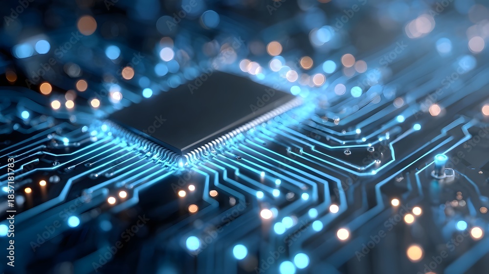 Fototapeta premium Detailed view of a central processing unit chip on a vibrant circuit board with illuminated pathways representing digital innovation high tech systems and interconnectedness