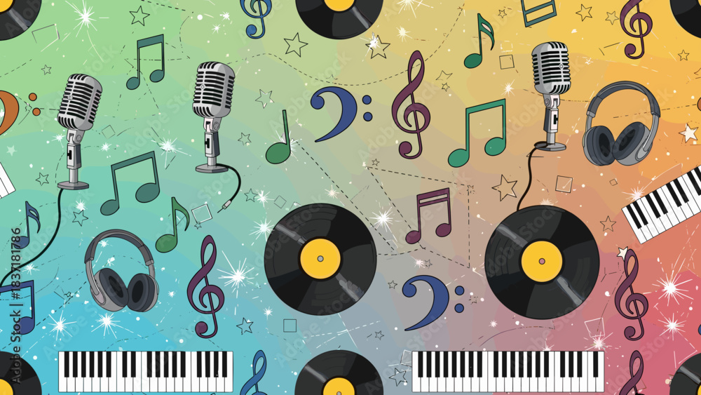 Obraz premium Colorful seamless pattern of music icons microphones, vinyl records, headphones, and musical notes