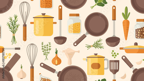 Seamless pattern of cooking utensils, herbs, spices, and vegetables for culinary design