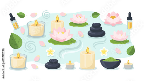 Spa and wellness concept with candles, lotus flowers, essential oil, and zen stones