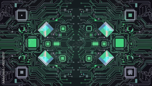 Digital technology background with glowing green circuit board pattern and futuristic microchips