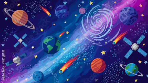 Vibrant space background with planets, satellites, meteors, and stars in deep purple galaxy