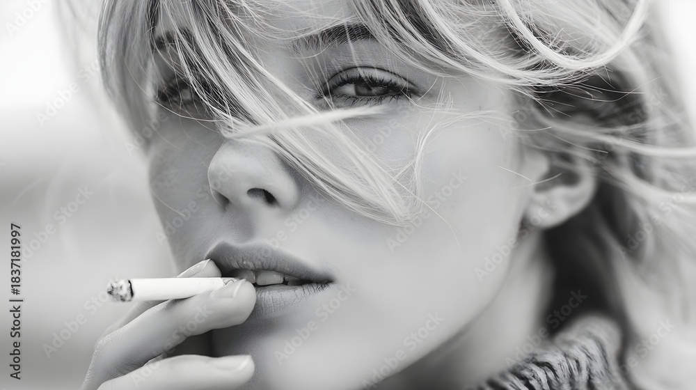 Obraz premium Atmospheric black and white close up portrait of a young woman her hair blowing in the wind as she intensely smokes a cigarette conveying a moody and pensive expression