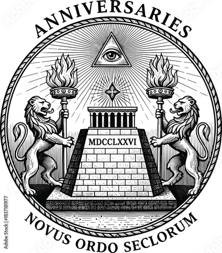 Stylized emblem with pyramid, Eye of Providence, lions, and Latin motto, ideal for historical, symbolic, or governmental vector illustration content