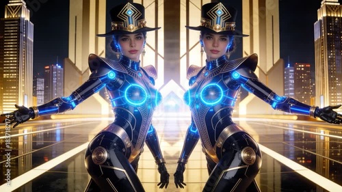 Identical cyberpunk android twins in ornate black-gold armor and glowing blue neon accents strike a powerful pose atop a luxurious art-deco rooftop at night