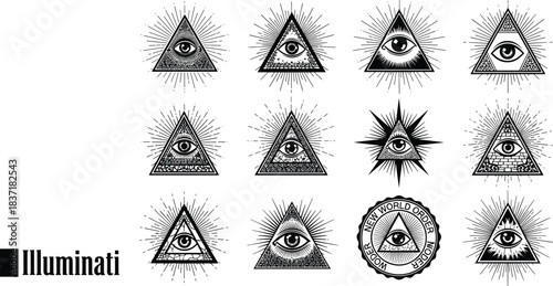 Twelve stylized All-Seeing Eye symbols with triangle and rays, ideal for mystery, symbolism, or conspiracy-themed vector illustration content