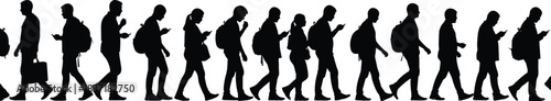 Walking people silhouette with mobile phones and backpacks, perfect for technology, lifestyle, or behavioral vector illustration content