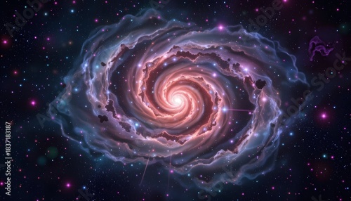 Beautiful Spiral Galaxy with Pink and Purple Hues in the Deep Space Cosmos