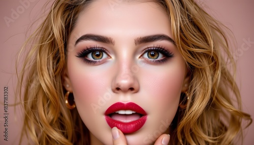 Close-Up Portrait of a Beautiful Young Woman with Stunning Makeup and Bold Red Lips on Pink Background