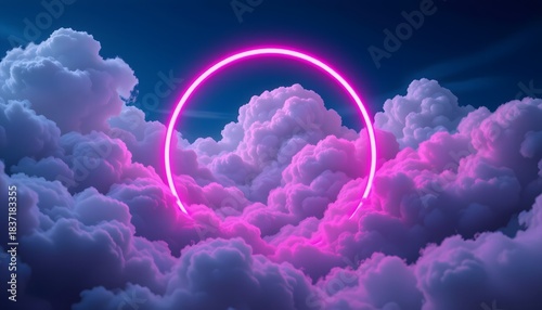 Vibrant Neon Pink Circle Illuminating Soft Clouds Against a Deep Blue Night Sky