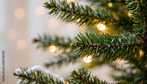 Close Up of Christmas Tree Branches with Sparkling Lights and Soft Bokeh Background