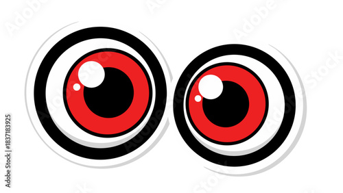 Surreal close-up of two cartoonish eyes with bright red irises and white pupils set against a black background creating a striking and unusual visual effect