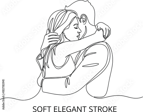 Continuous line art drawing depicting a tender embrace between a man and a woman symbolizing deep affection and connection