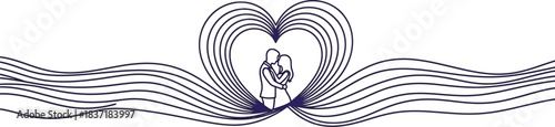 Minimalist line art design featuring a loving couple embracing within a stylized heart shape border