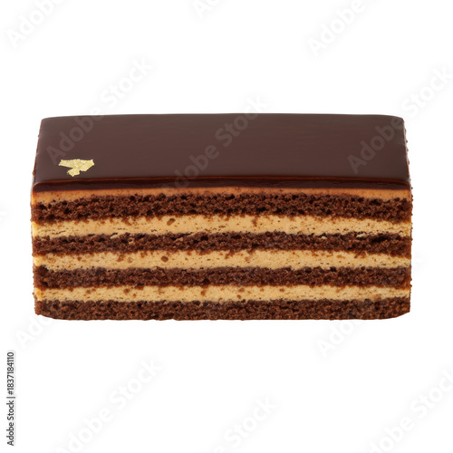 Delicious opera cake dessert with layers of almond sponge, coffee buttercream and smooth chocolate ganache