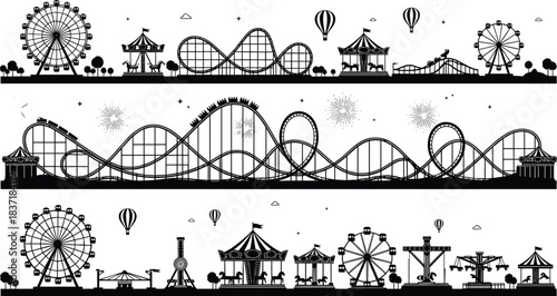 Amusement Park Outline Silhouette Banner Set, Carnival Fairground with Roller Coasters, Ferris Wheels, Carousels, and Hot Air Balloons Vector Graphic