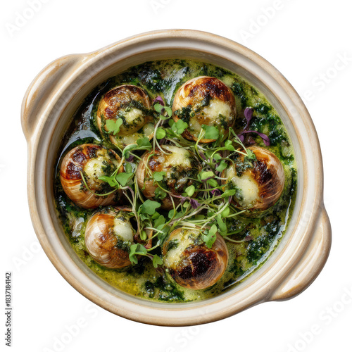 Appetizing Escargots de Bourgogne snails in garlic parsley butter, classic French dish served in ceramic pot