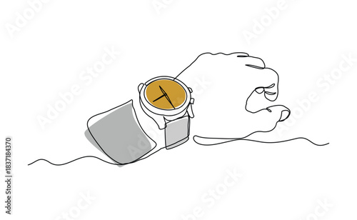 Continuous single line sketch drawing of people hand wearing wrist watch. One line art of businessman looking time on his watch vector illustration editable stroke