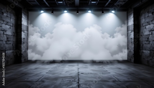 Industrial Studio Space with Dramatic Lighting and Projected Clouds on the Background Wall
