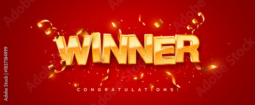 Golden 3d Winnner. Winning Celebration With Golden Glitter Text And Confetti On Red Background. Wins And Celebrations. Vector Illustration