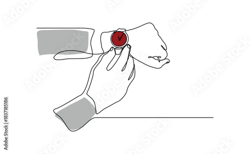 Continuous single line sketch drawing of people hand wearing wrist watch. One line art of businessman looking time on his watch vector illustration editable stroke