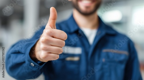 Man in Blue Work Uniform Giving Thumbs Up