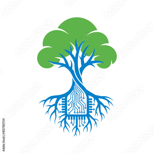Digital Tree with Circuit Board Roots.