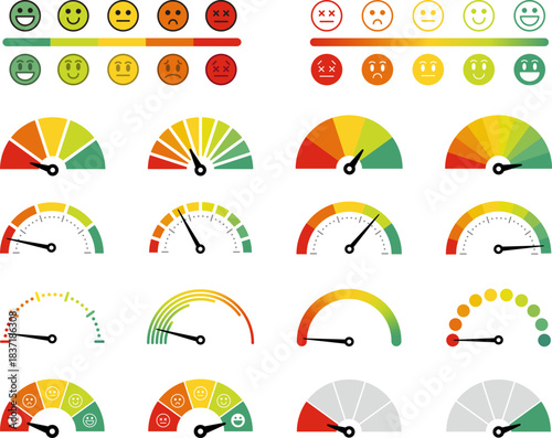 スピードメーターのセット。スコア測定、評価、ゲージメータ、パフォーマンス。さまざまな感情の顔アイコン。満足度を表す表情。