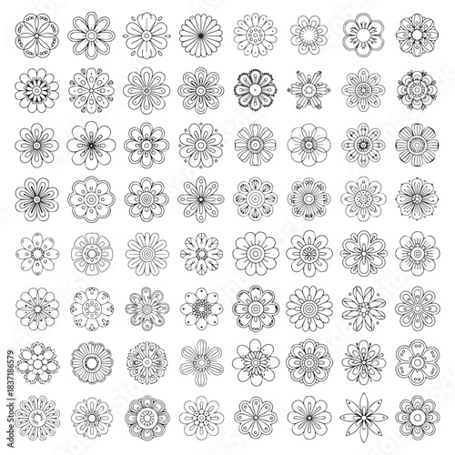 Set of hand drawn floral outline symbols showcasing intricate blooming flower designs ideal for decoration and crafting