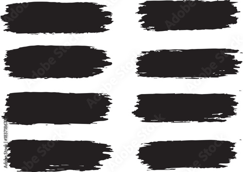 Grunge black brush strokes set. Distressed ink textures and hand-drawn paint lines. Vector elements.