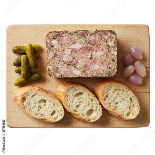 Savory rustic terrine pate with pork and bread. This delicious French food appetizer on wooden board from top view