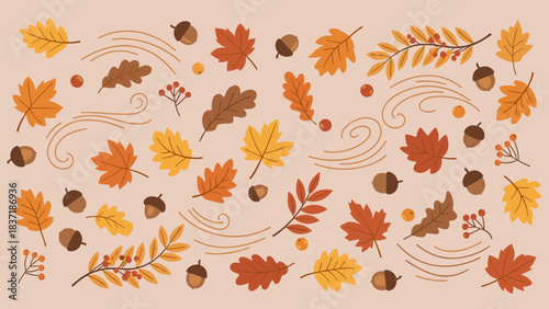 Autumn leaves and acorns scattered pattern on beige background