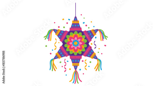 Traditional Star Shaped Colorful Pinata Filled with Confetti Hanging Against a Black Background Celebrating Fiesta Event
