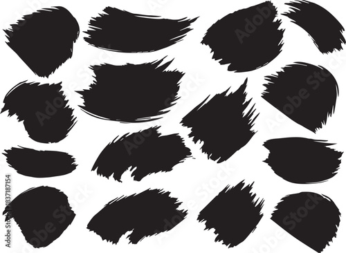 Collection of black brushstroke vector illustrations, grunge paint textures ideal for posters, branding, logos, and digital design.

