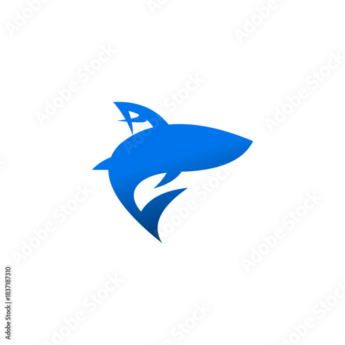 A stylized blue shark logo with a sharp fin and a curved body, set against a white background.