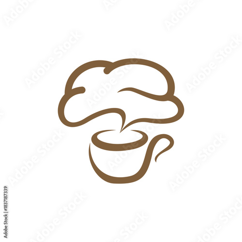A stylized brown line drawing of a steaming coffee cup with a cloud-like shape above it, suggesting aroma or flavor.