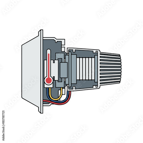 Detailed cross section of a thermostat showcasing internal components and design.