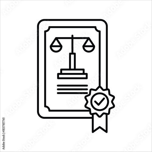 Official legal certificate line icon with scales of justice and a verified checkmark. Symbolizes compliance, authorization, and regulatory standards