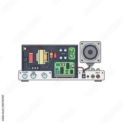 Detailed illustration of an open audio amplifier with visible internal components and a connected speaker.