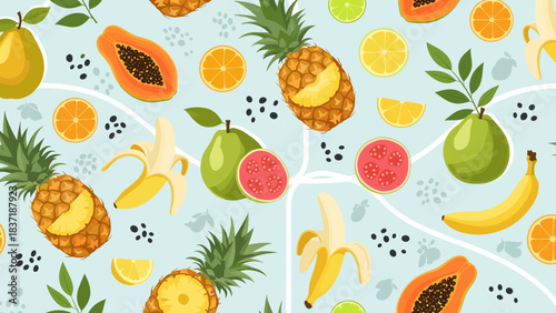 Tropical fruit pattern seamless background with pineapple banana papaya guava citrus slices and leaves