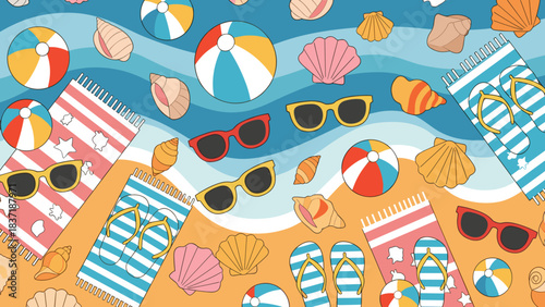 Summer beach vacation pattern with towels, sunglasses, seashells, and beach balls on sand and water
