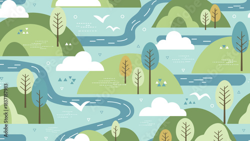 Seamless pattern of rolling green hills, winding blue river, and stylized trees under a light blue sky with clouds and birds, nature landscape background